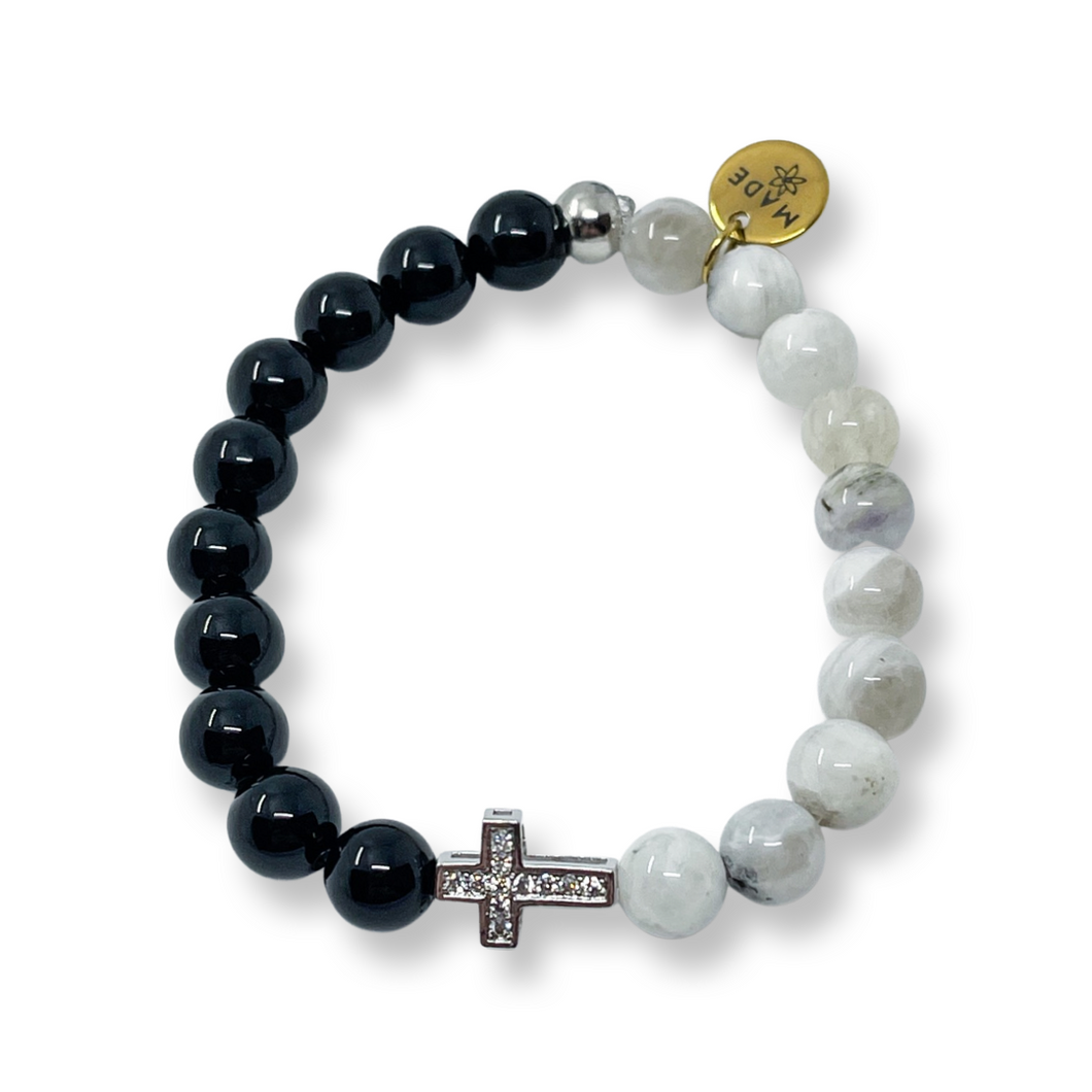 Cross - Black & White Gray Moonstone